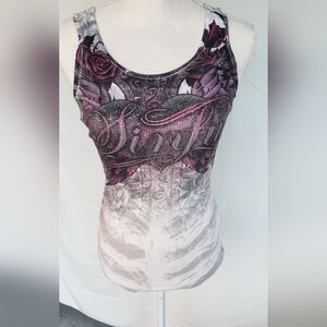 Sinful tank top with pink and gray wing design. Size Large